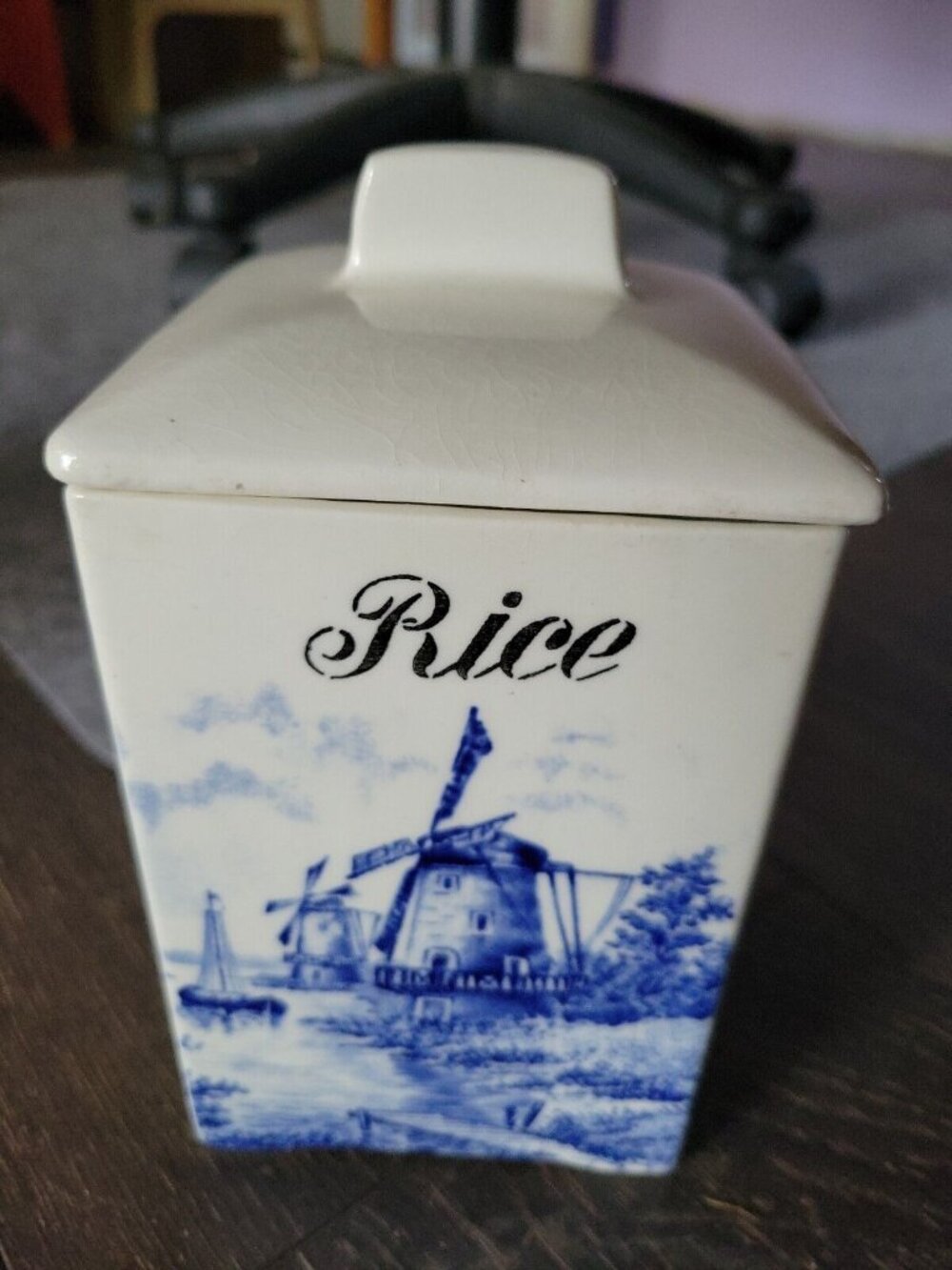 Minerva Porcelain Square Canister RICE Blue White Windmill  Germany Vtg 8x4x4in